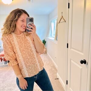 NWT AURA Red Dress Pink Eyelet Floral Blouse XS